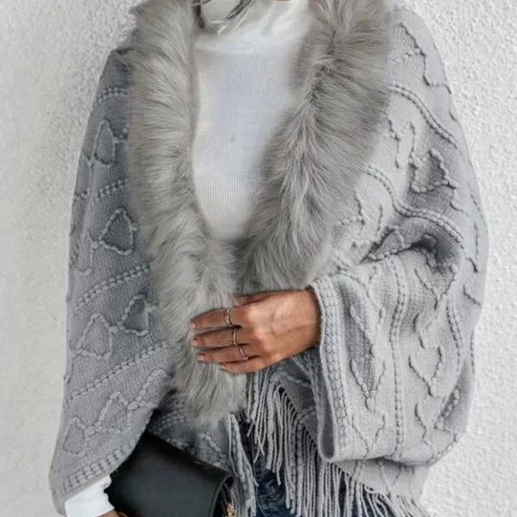 Gray Faux fur Trim Textured Knit Open front Sweater Cardigan - Picture 3 of 9